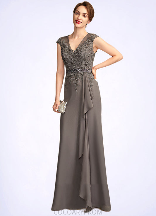 Kyla A-Line V-neck Floor-Length Chiffon Lace Mother of the Bride Dress With Beading Sequins Cascading Ruffles DA8126P0015030