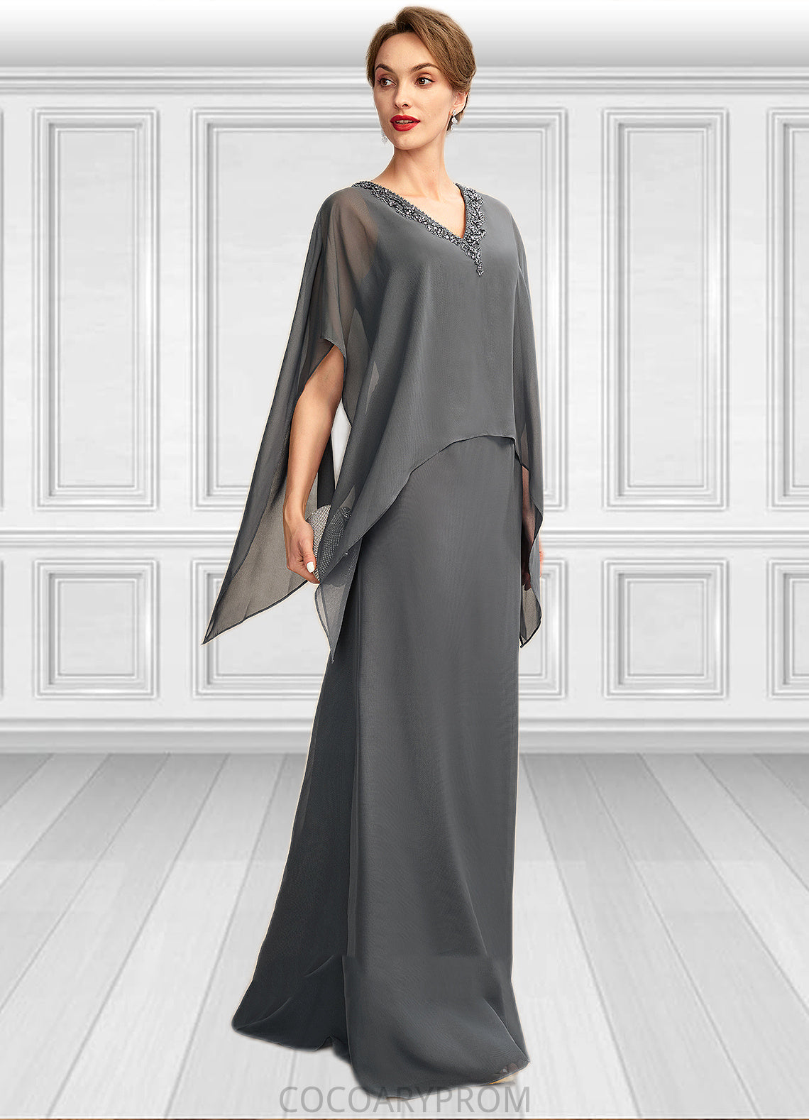 Autumn A-line V-Neck Floor-Length Chiffon Mother of the Bride Dress With Beading Sequins DA8126P0015031