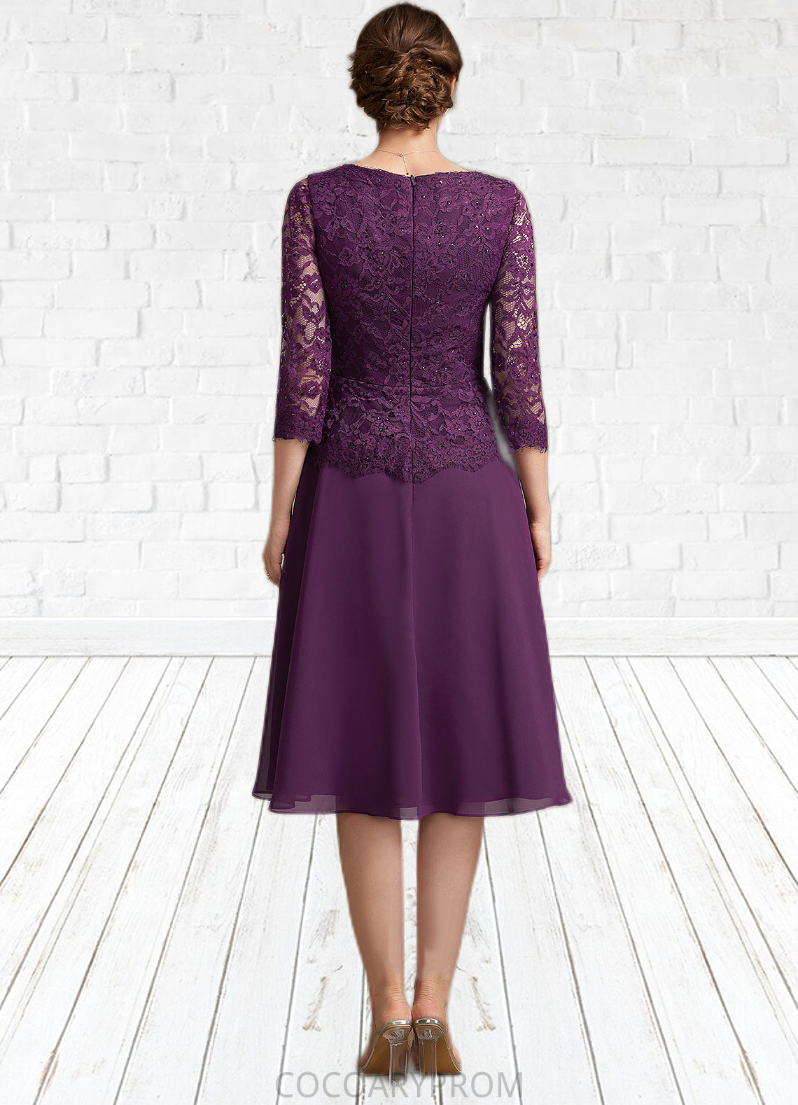 Renee A-Line V-neck Knee-Length Chiffon Lace Mother of the Bride Dress With Beading Sequins DA8126P0015035