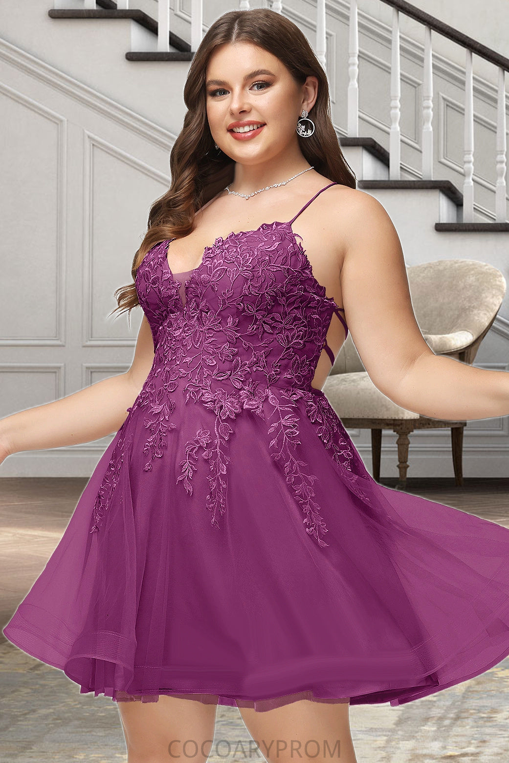 Londyn A-line V-Neck Short/Mini Lace Tulle Homecoming Dress With Sequins DA8P0020500