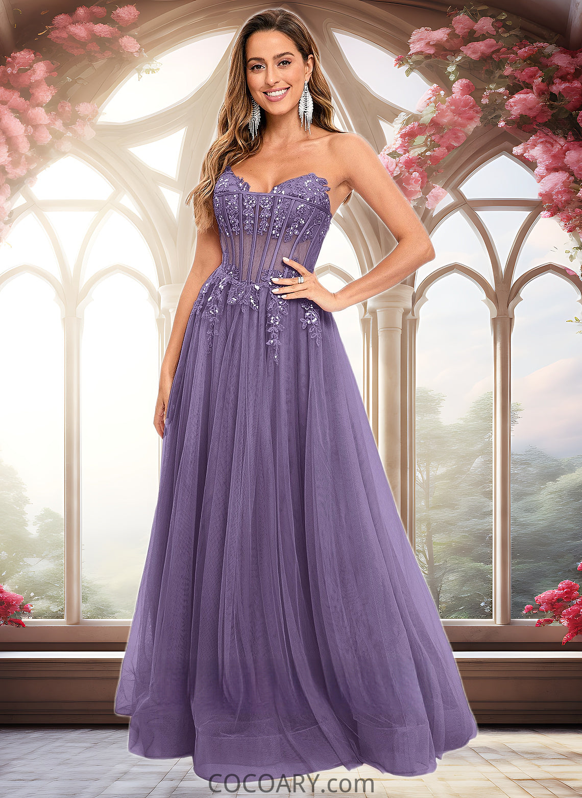 Charlize Ball-Gown/Princess V-Neck Floor-Length Tulle Prom Dresses With Sequins Appliques Lace DA8P0025837