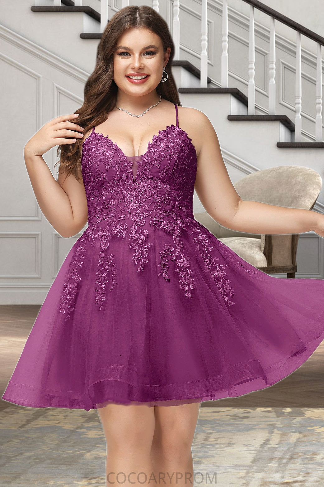 Londyn A-line V-Neck Short/Mini Lace Tulle Homecoming Dress With Sequins DA8P0020500