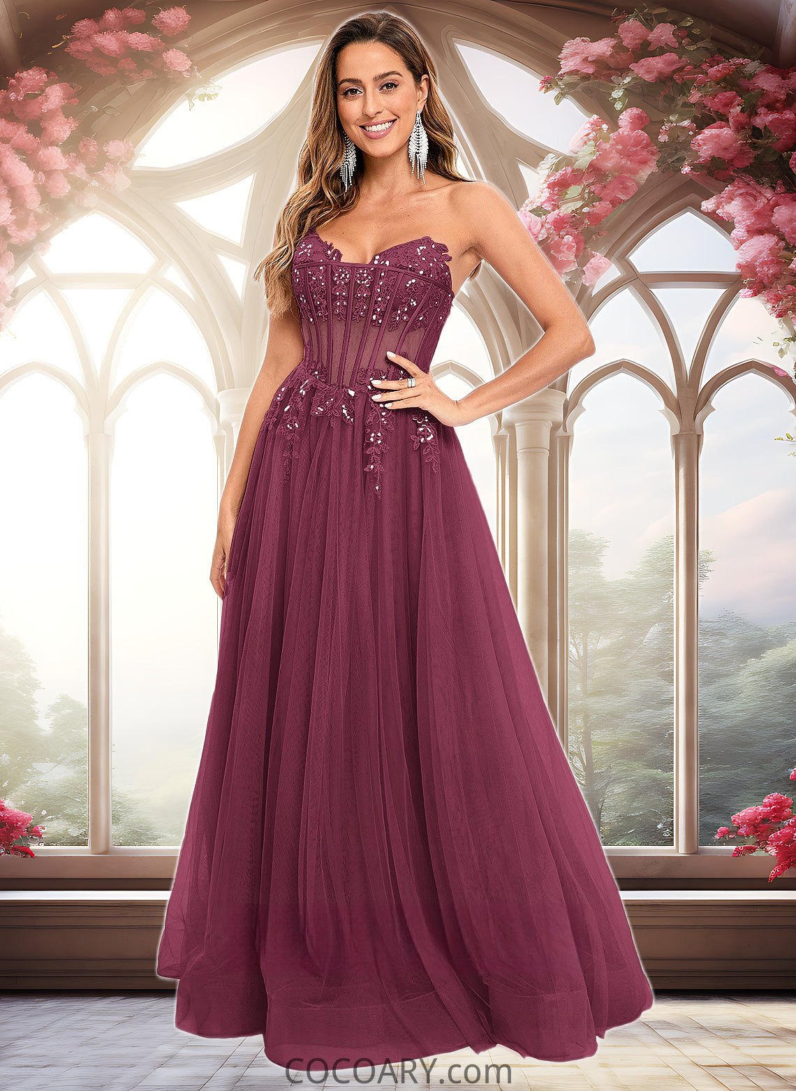 Charlize Ball-Gown/Princess V-Neck Floor-Length Tulle Prom Dresses With Sequins Appliques Lace DA8P0025837