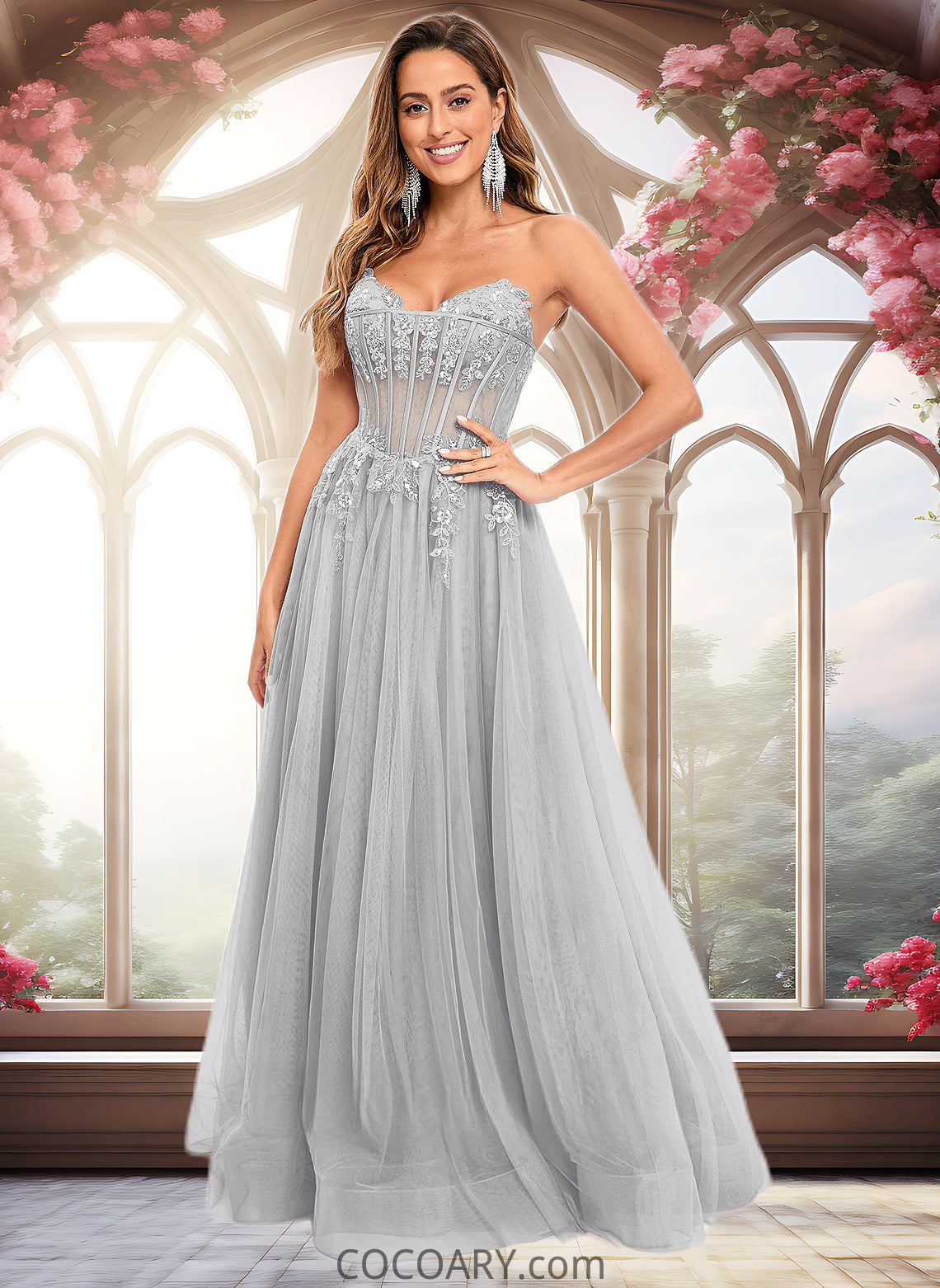 Charlize Ball-Gown/Princess V-Neck Floor-Length Tulle Prom Dresses With Sequins Appliques Lace DA8P0025837