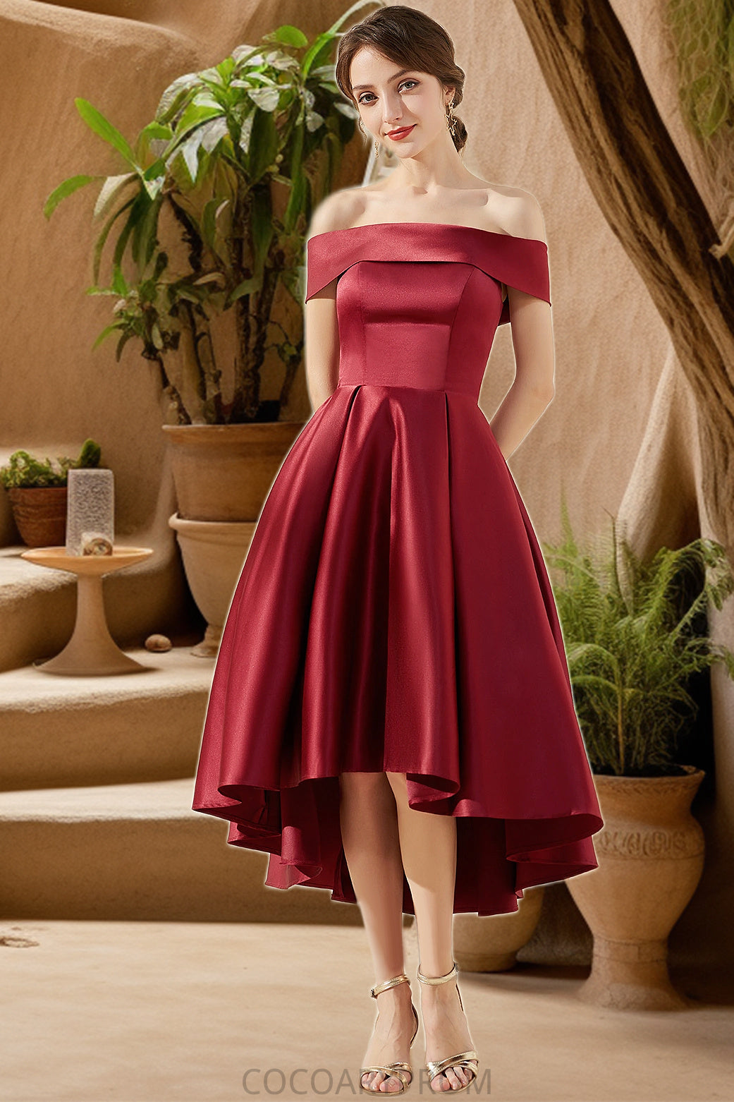 Harriet A-line Off the Shoulder Asymmetrical Satin Homecoming Dress DA8P0020532