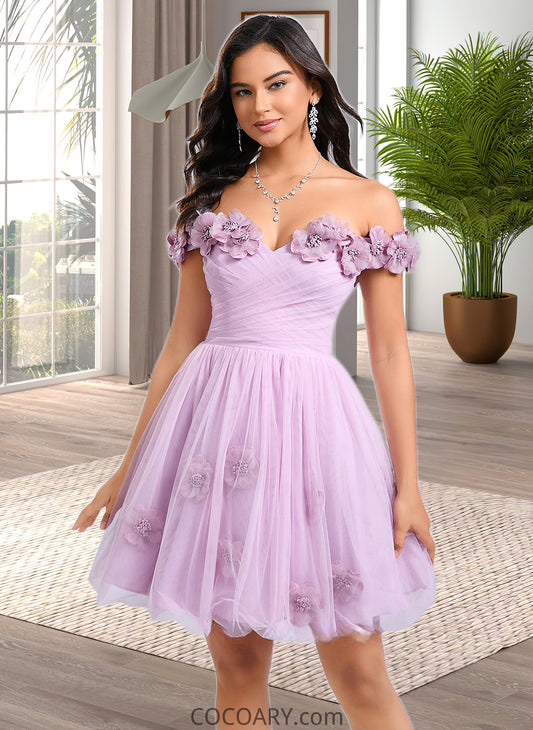 Jazlynn Ball-Gown/Princess Off the Shoulder Short Tulle Homecoming Dress With Pleated Flower DA8P0025668