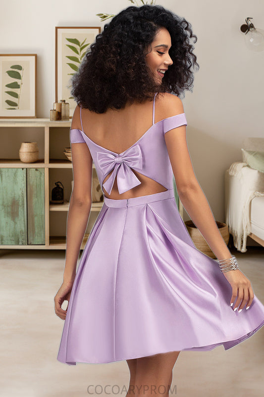 Kirsten A-line Off the Shoulder Short/Mini Satin Homecoming Dress With Bow DA8P0020568