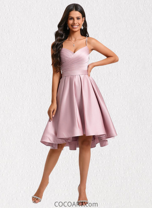 Mariana A-line V-Neck Asymmetrical Satin Homecoming Dress With Bow Pleated DA8P0025699