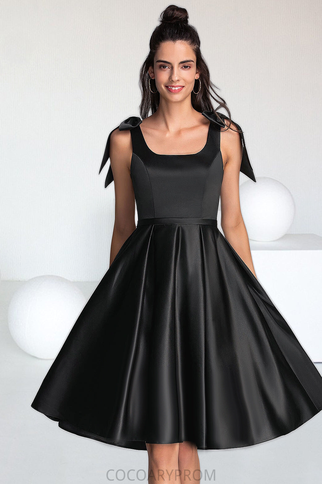 Moriah A-line Square Knee-Length Satin Homecoming Dress With Bow DA8P0020556