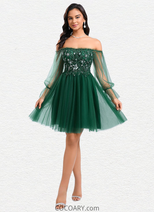 Leslie A-line Off the Shoulder Short Tulle Homecoming Dress With Sequins Appliques Lace DA8P0025663