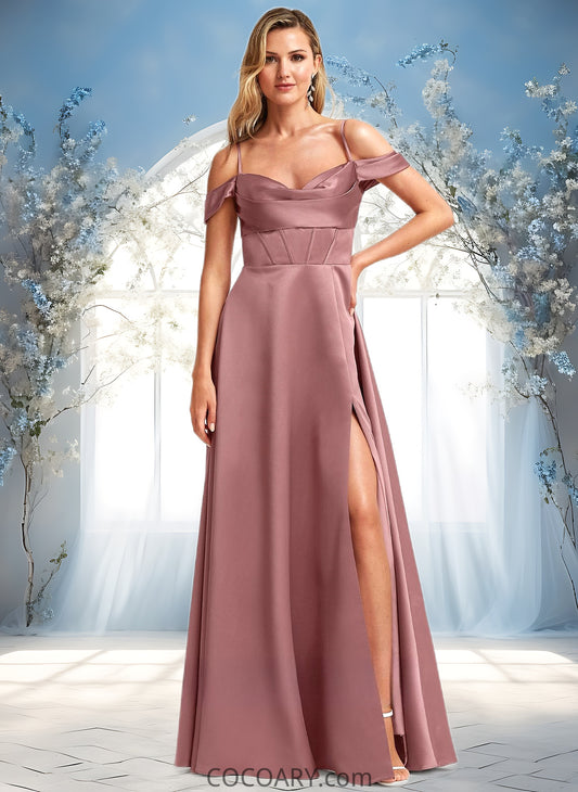 Sibyl A-line Cold Shoulder Floor-Length Satin Bridesmaid Dress DA8P0025750