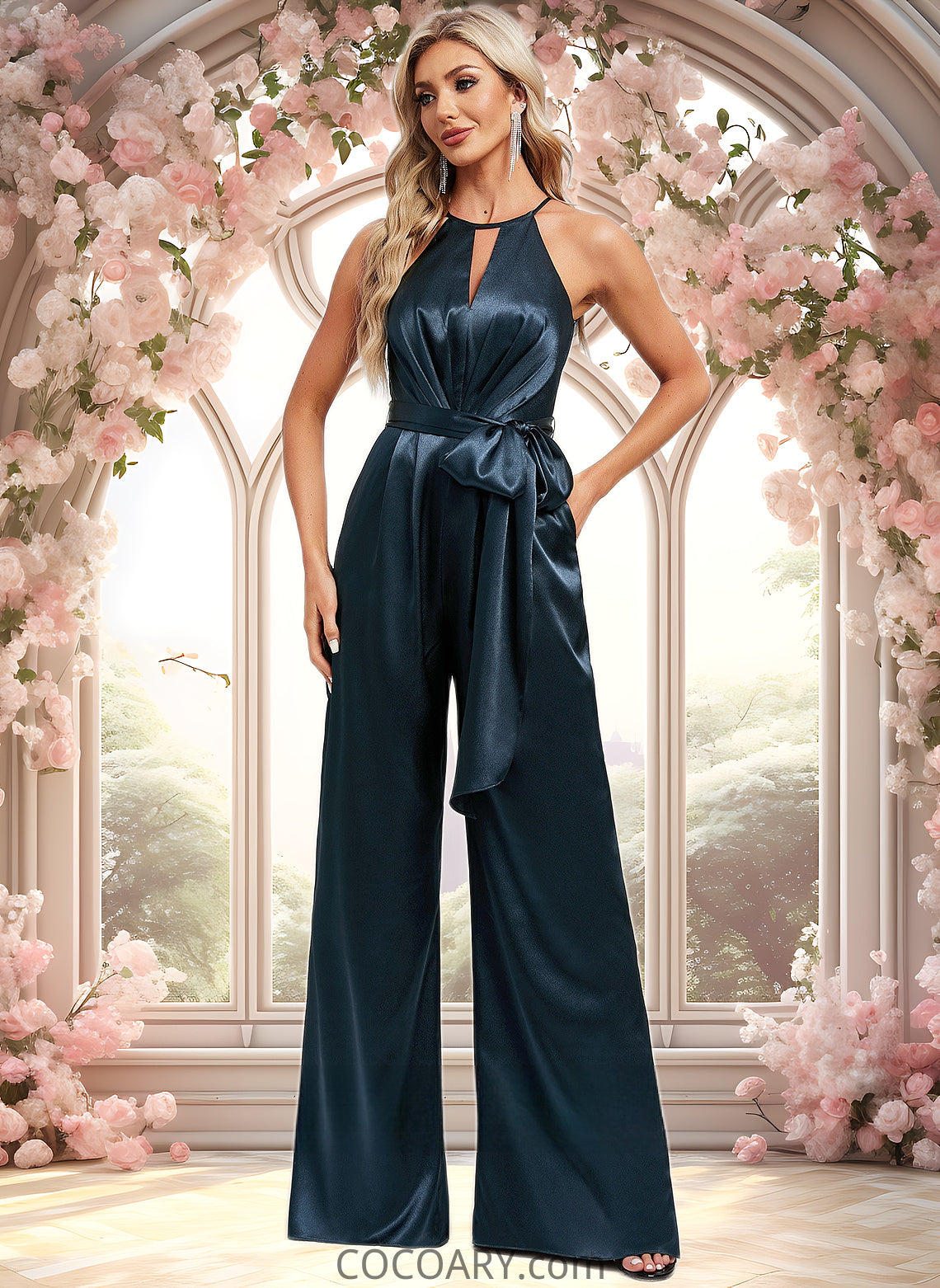 Cailyn Jumpsuit/Pantsuit Halter Floor-Length Stretch Satin Bridesmaid Dress DA8P0025805