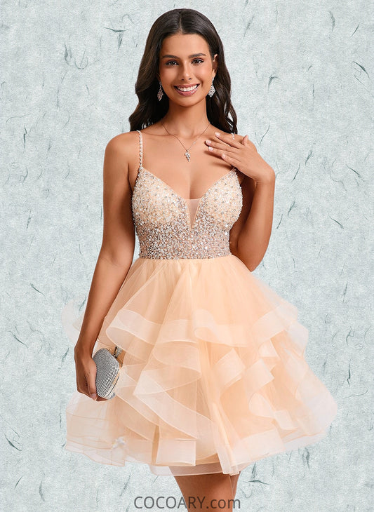 Myla Ball-Gown/Princess V-Neck Short Tulle Homecoming Dress With Beading Sequins DA8P0025646