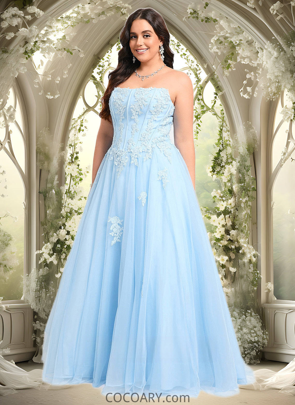 Aubrie Ball-Gown/Princess Straight Sweep Train Tulle Prom Dresses With Sequins Appliques Lace DA8P0025864