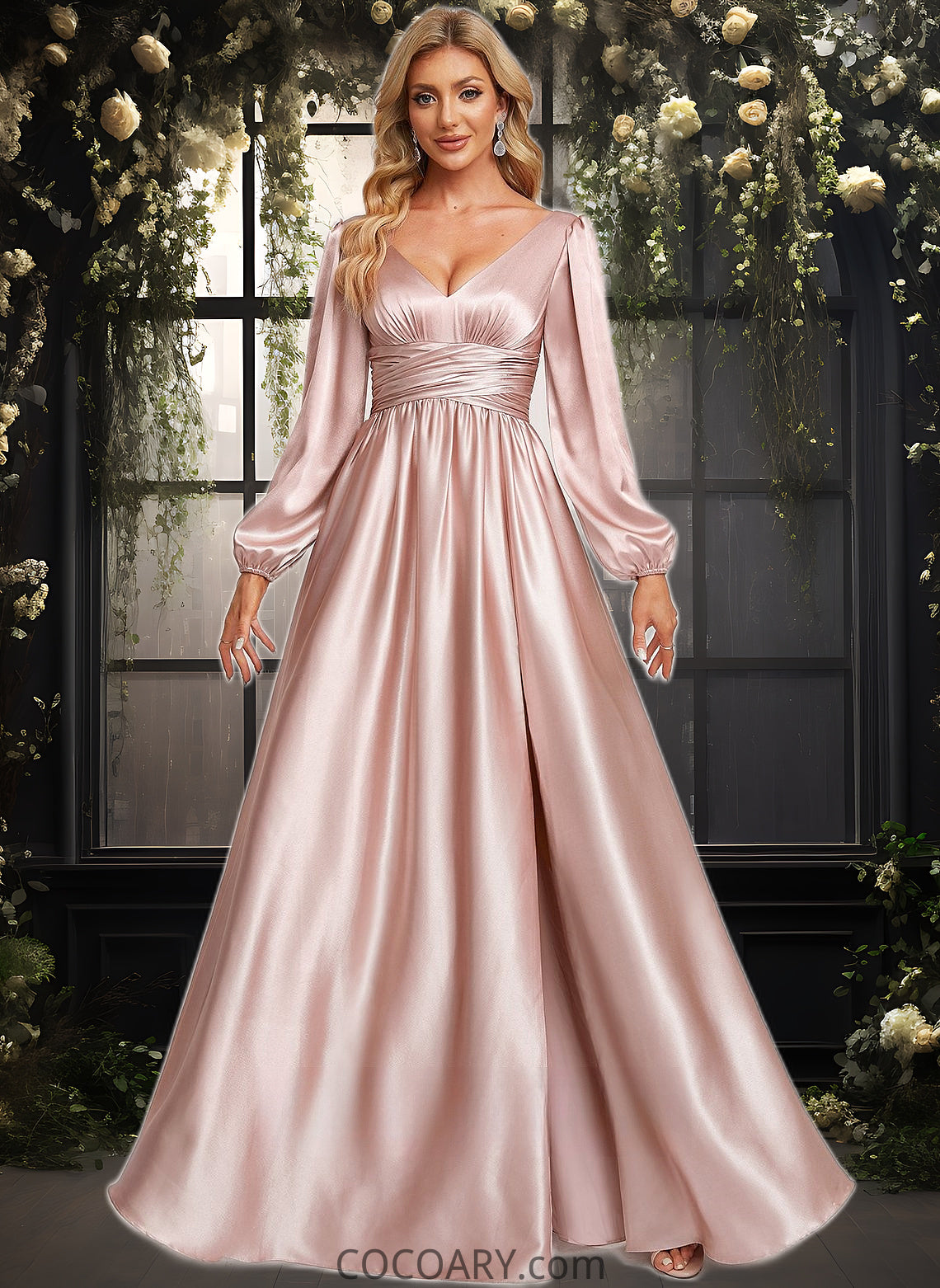 Lucy A-line V-Neck Floor-Length Stretch Satin Prom Dresses DA8P0025880