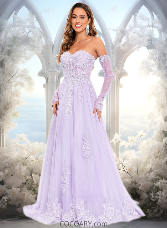 Angelique A-line Sweetheart Sweep Train Tulle Prom Dresses With Sequins Appliques Lace DA8P0025856