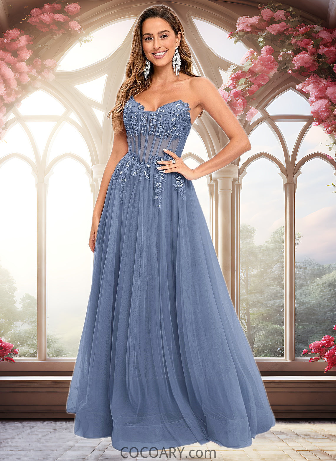 Charlize Ball-Gown/Princess V-Neck Floor-Length Tulle Prom Dresses With Sequins Appliques Lace DA8P0025837