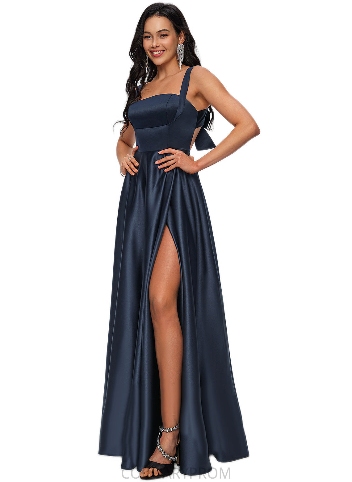 Celeste A-line Straight Floor-Length Satin Prom Dresses With Bow DA8P0022195