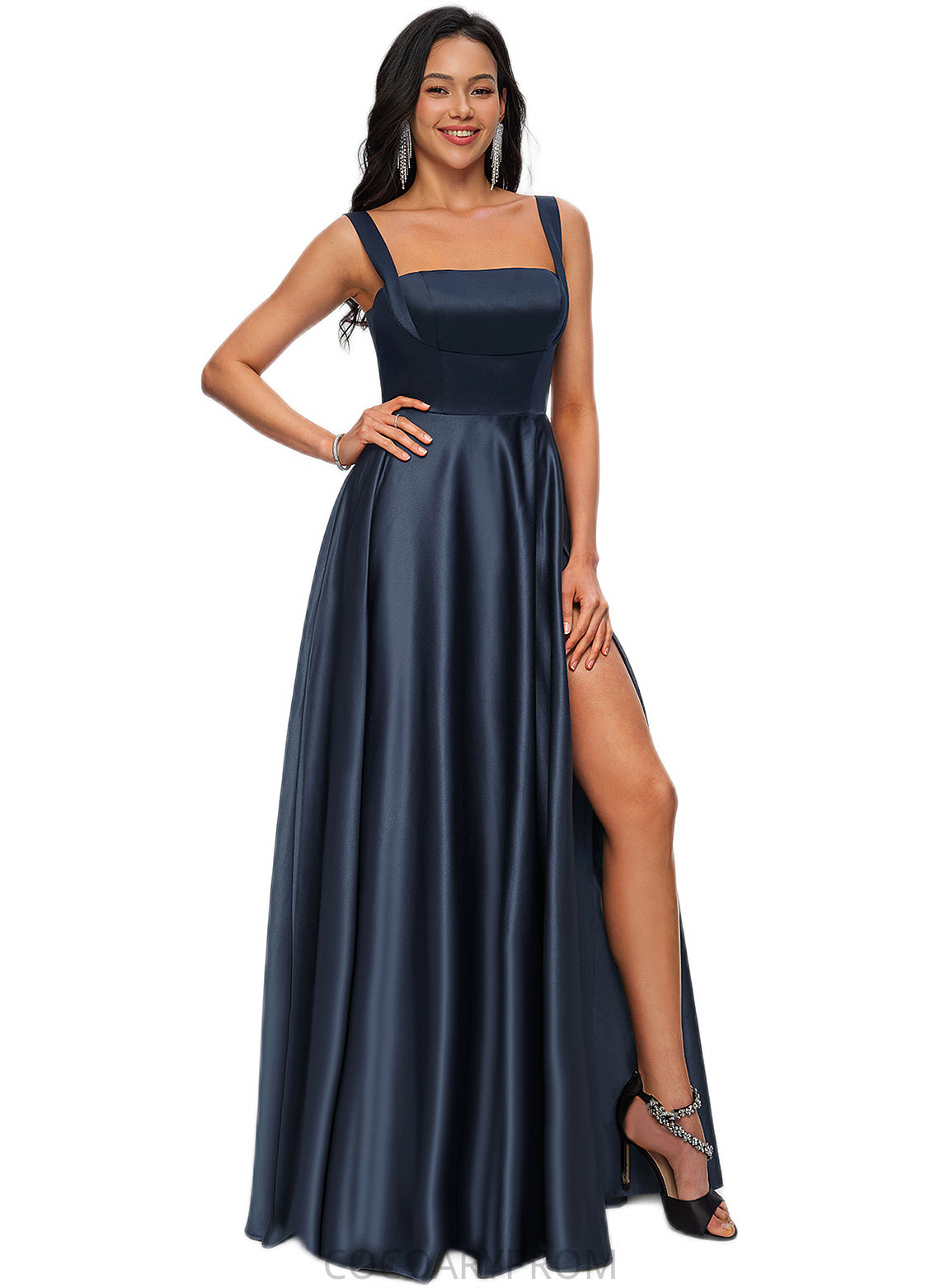 Celeste A-line Straight Floor-Length Satin Prom Dresses With Bow DA8P0022195