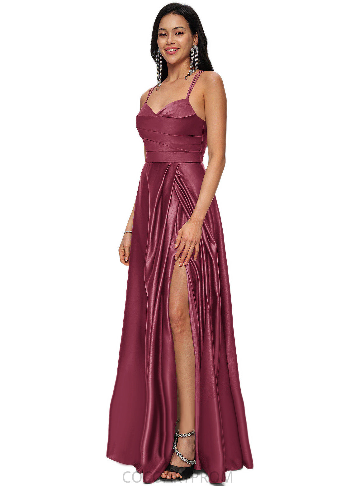 Raelynn A-line V-Neck Floor-Length Satin Prom Dresses DA8P0022197