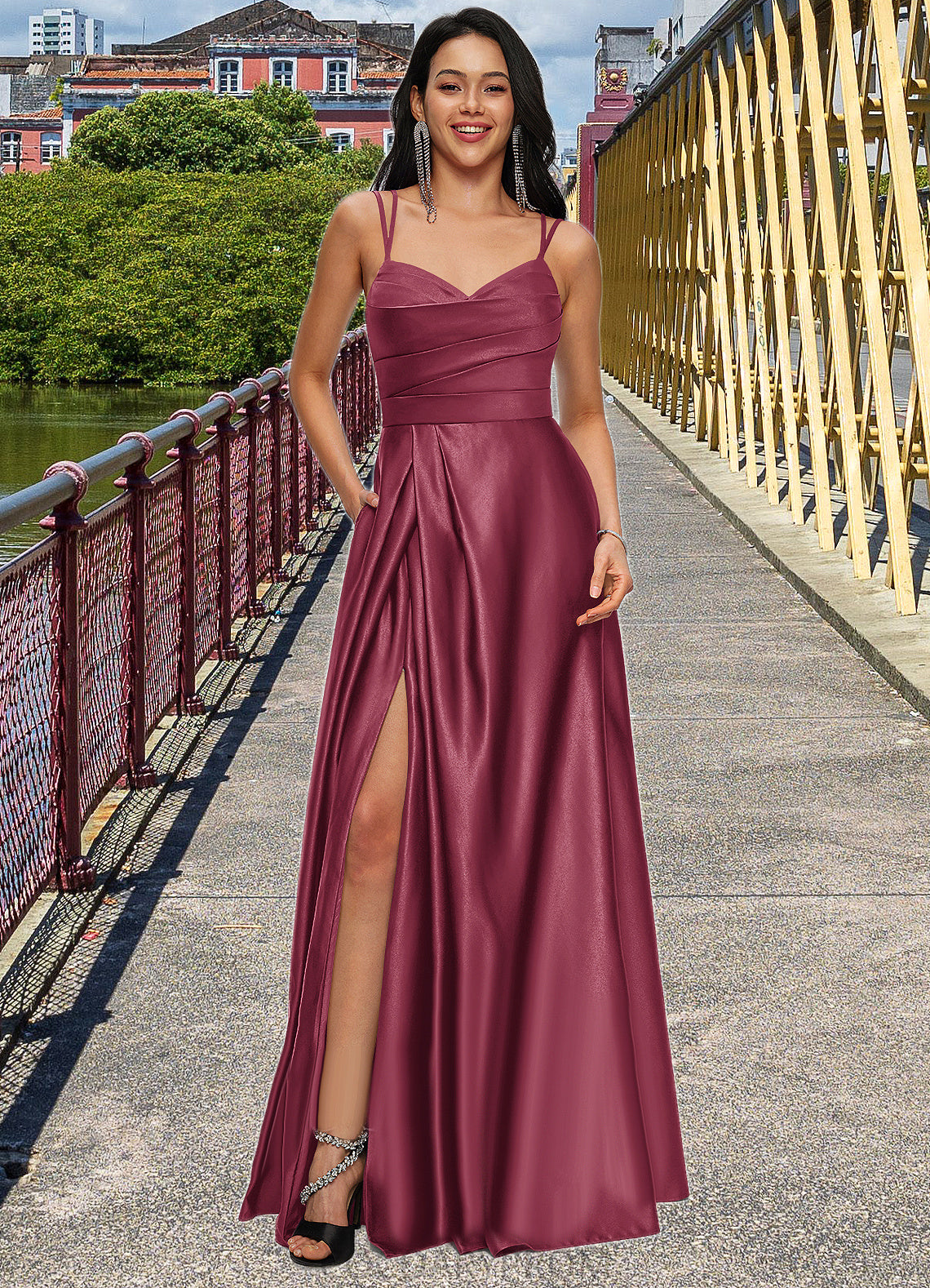 Greta A-line V-Neck Floor-Length Satin Prom Dresses DA8P0022197