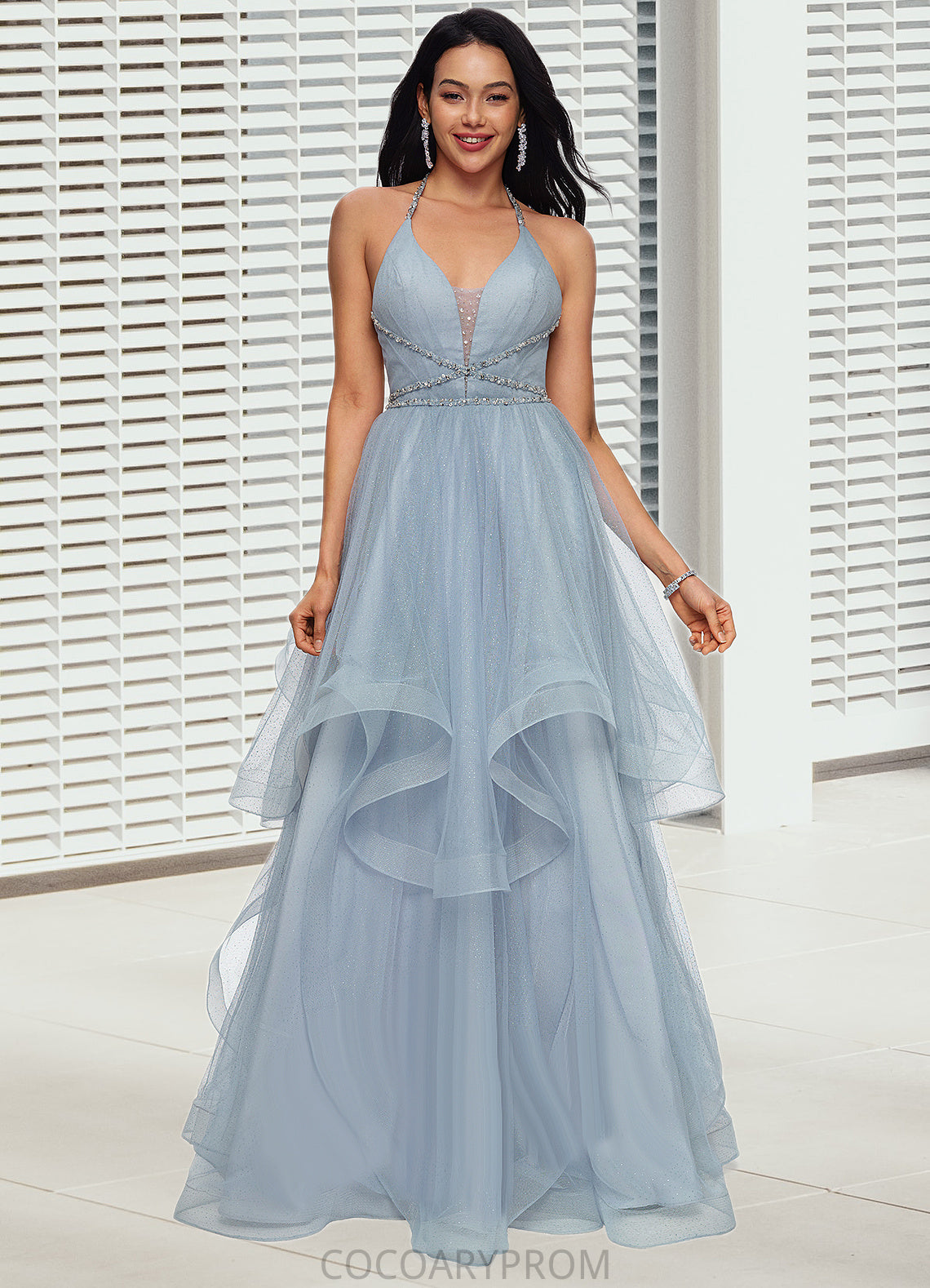 Rose Ball-Gown/Princess Halter V-Neck Floor-Length Tulle Prom Dresses With Beading Rhinestone Sequins DA8P0022199