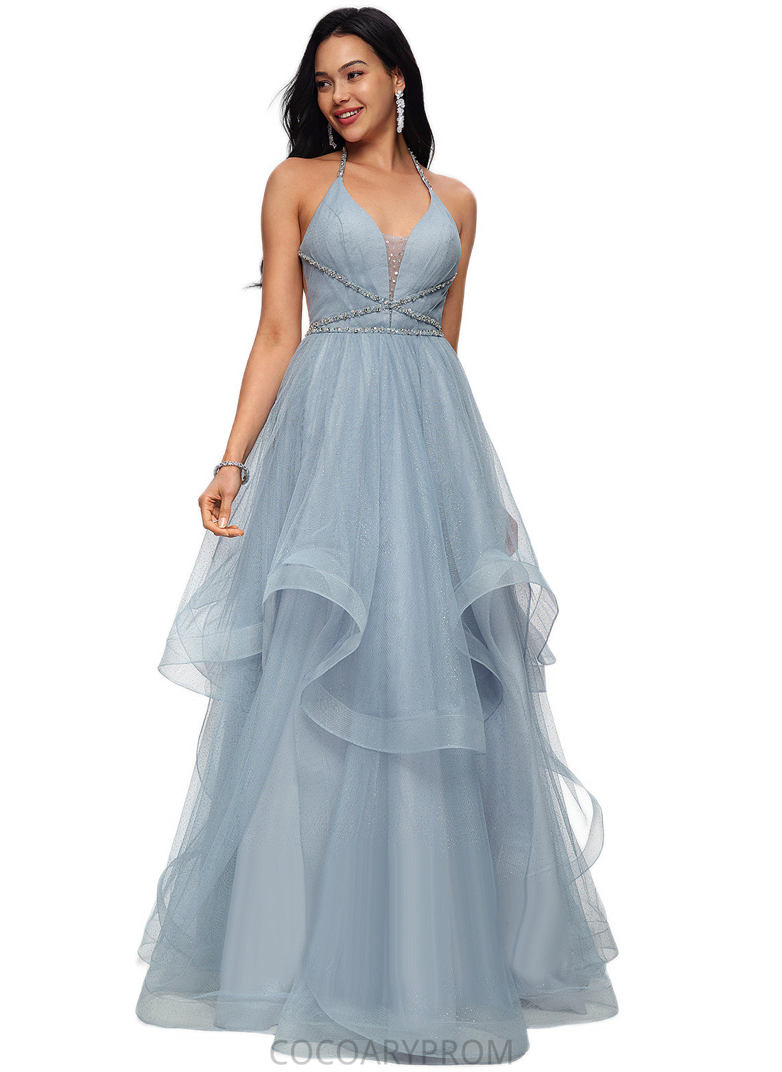 Mimi Ball-Gown/Princess Halter V-Neck Floor-Length Tulle Prom Dresses With Beading Rhinestone Sequins DA8P0022199