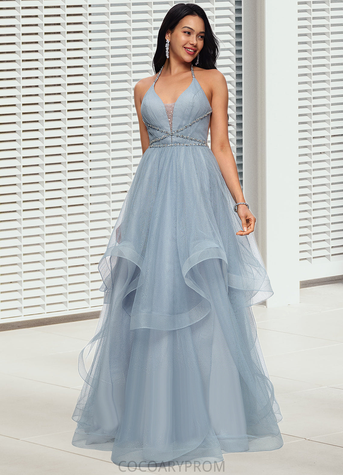 Rose Ball-Gown/Princess Halter V-Neck Floor-Length Tulle Prom Dresses With Beading Rhinestone Sequins DA8P0022199