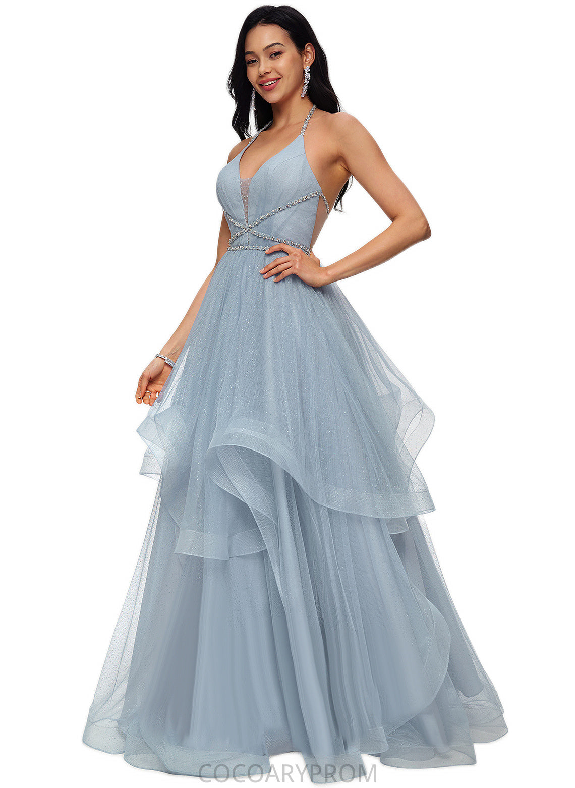 Mimi Ball-Gown/Princess Halter V-Neck Floor-Length Tulle Prom Dresses With Beading Rhinestone Sequins DA8P0022199