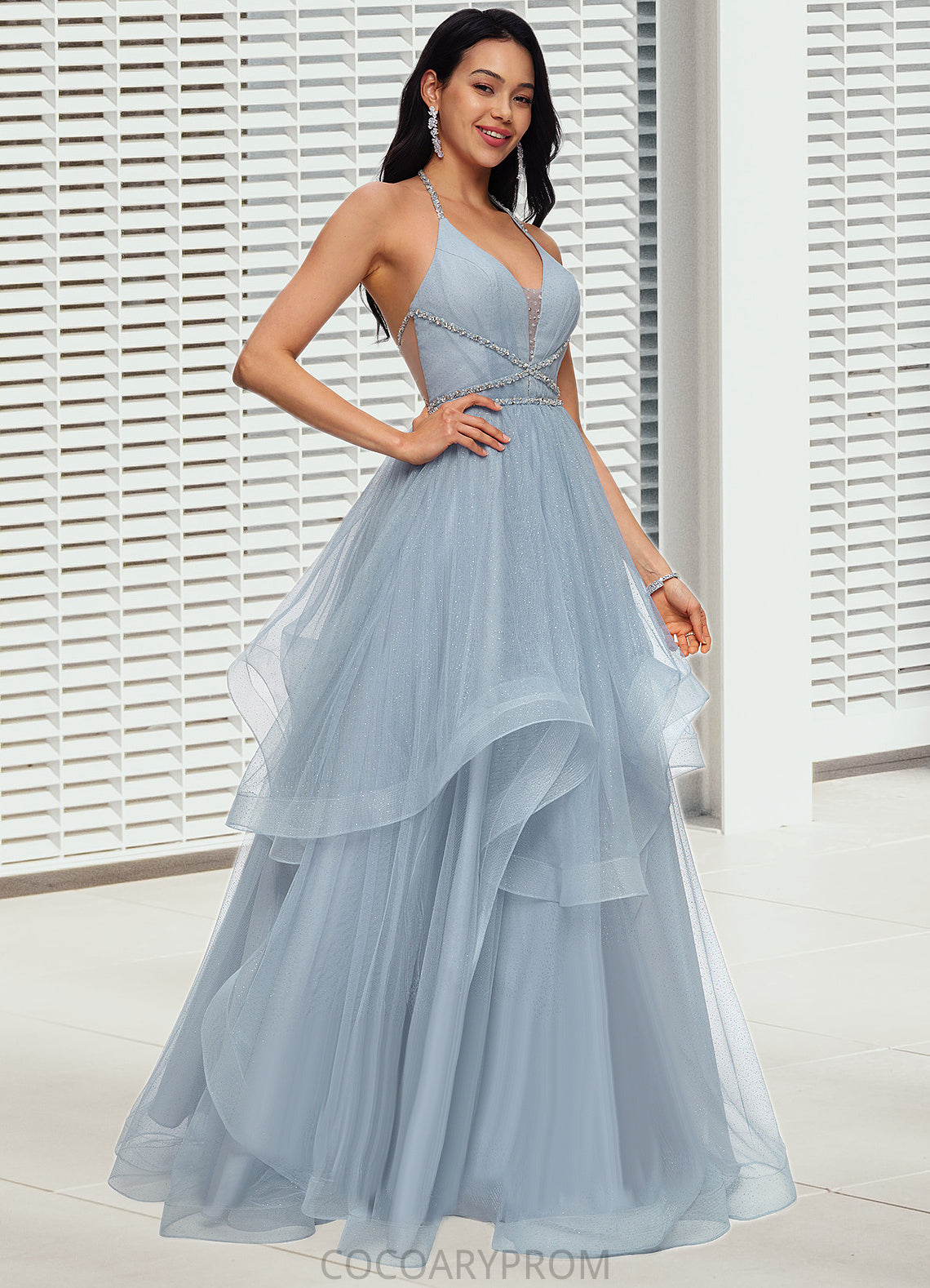 Rose Ball-Gown/Princess Halter V-Neck Floor-Length Tulle Prom Dresses With Beading Rhinestone Sequins DA8P0022199