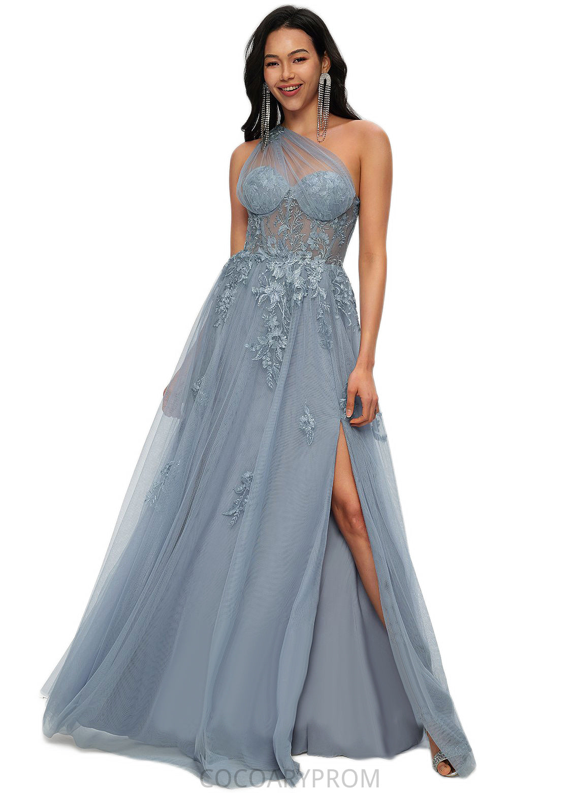 Denisse A-line One Shoulder Floor-Length Tulle Prom Dresses With Appliques Lace Sequins DA8P0022200