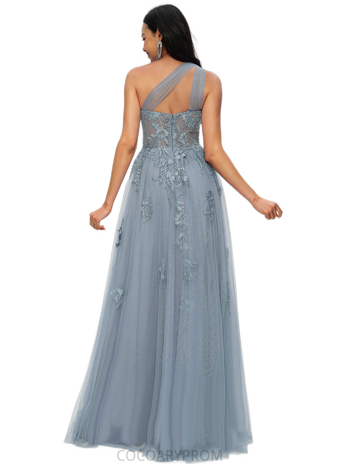 Denisse A-line One Shoulder Floor-Length Tulle Prom Dresses With Appliques Lace Sequins DA8P0022200