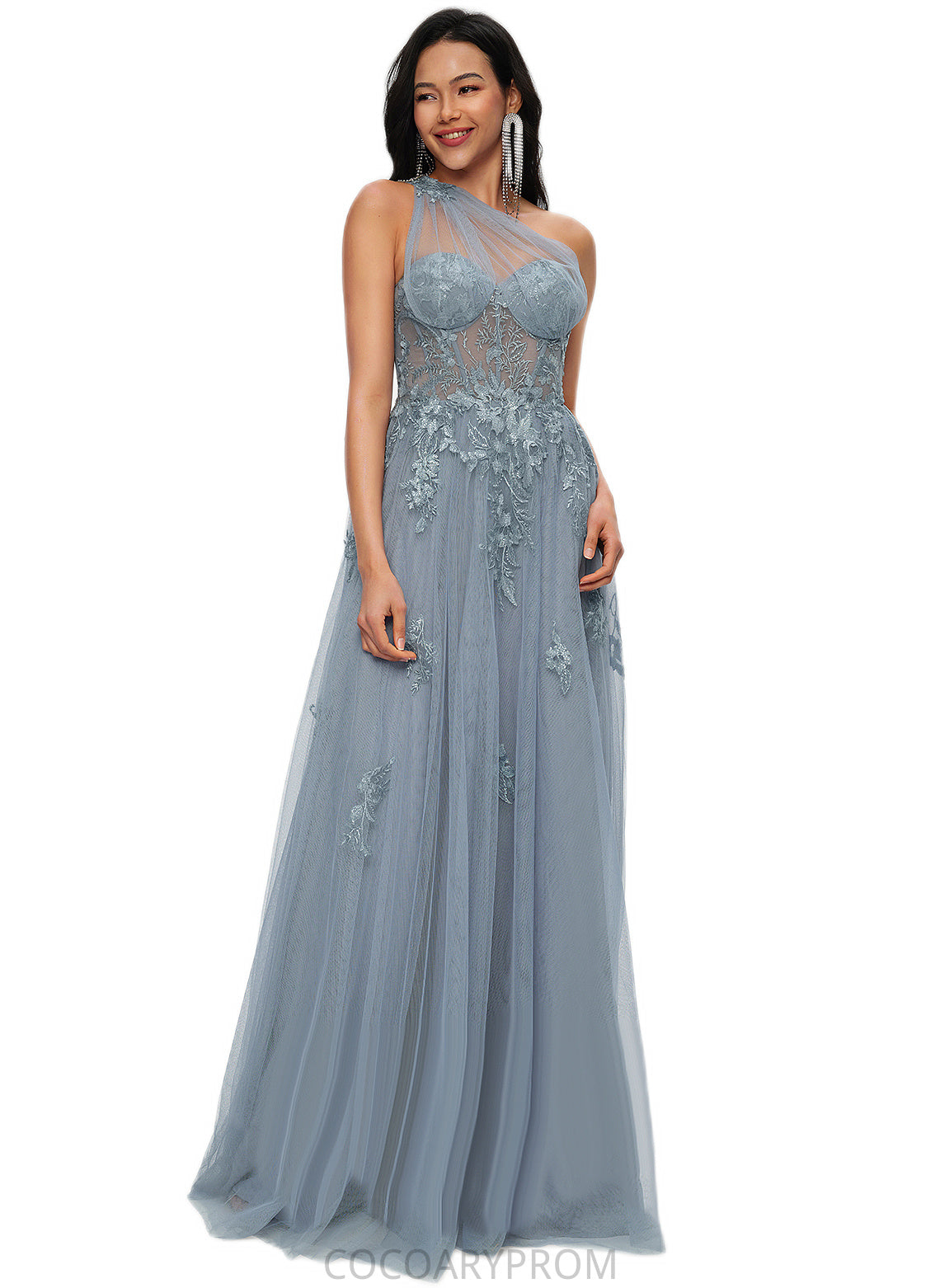 Denisse A-line One Shoulder Floor-Length Tulle Prom Dresses With Appliques Lace Sequins DA8P0022200