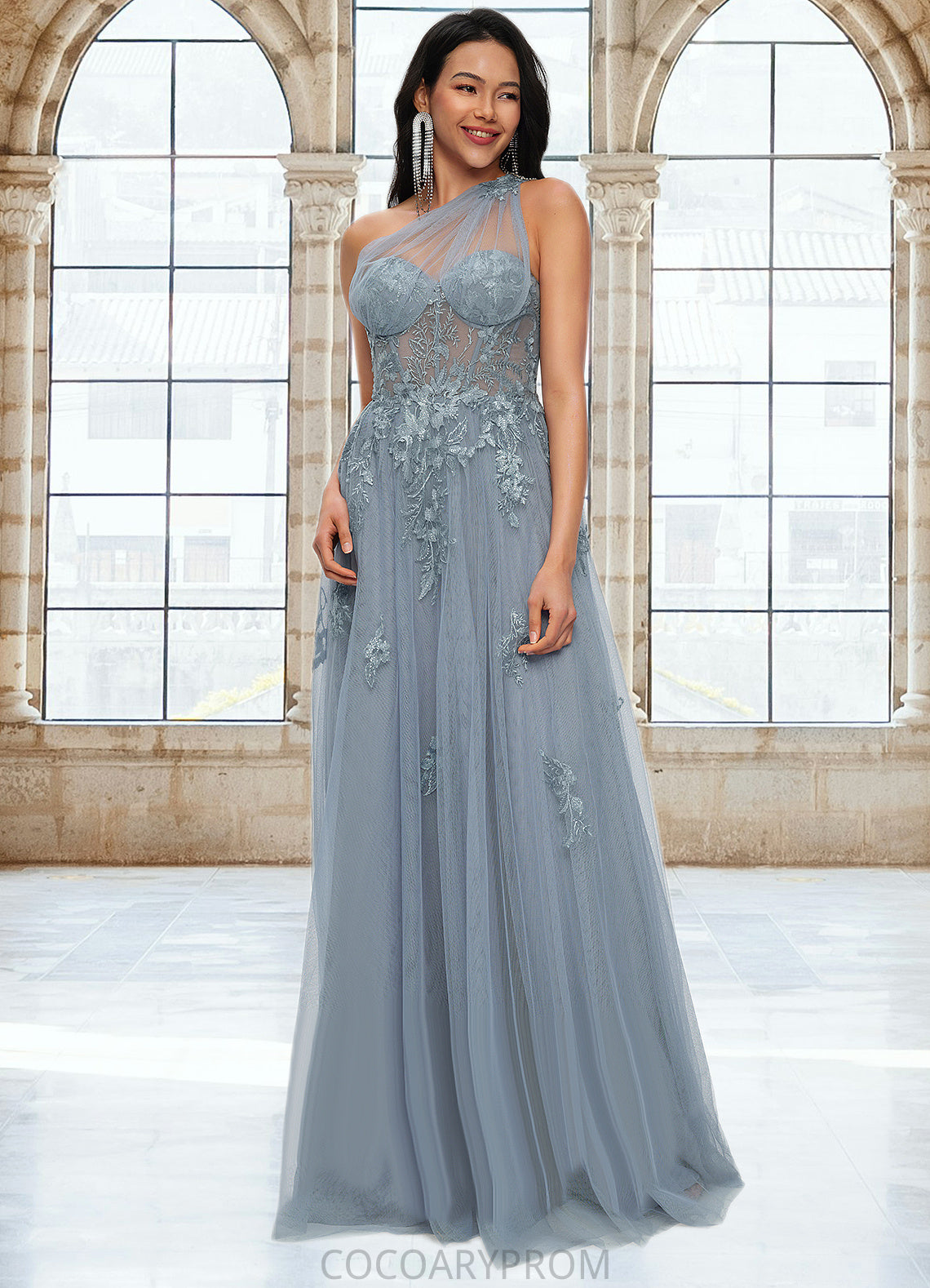 Ariella A-line One Shoulder Floor-Length Tulle Prom Dresses With Appliques Lace Sequins DA8P0022200