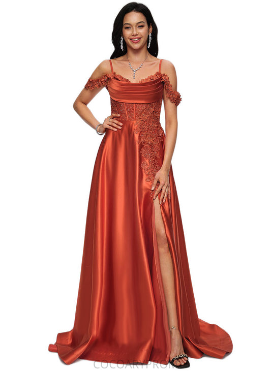 Taryn A-line Off the Shoulder Sweep Train Satin Prom Dresses With Rhinestone DA8P0022208