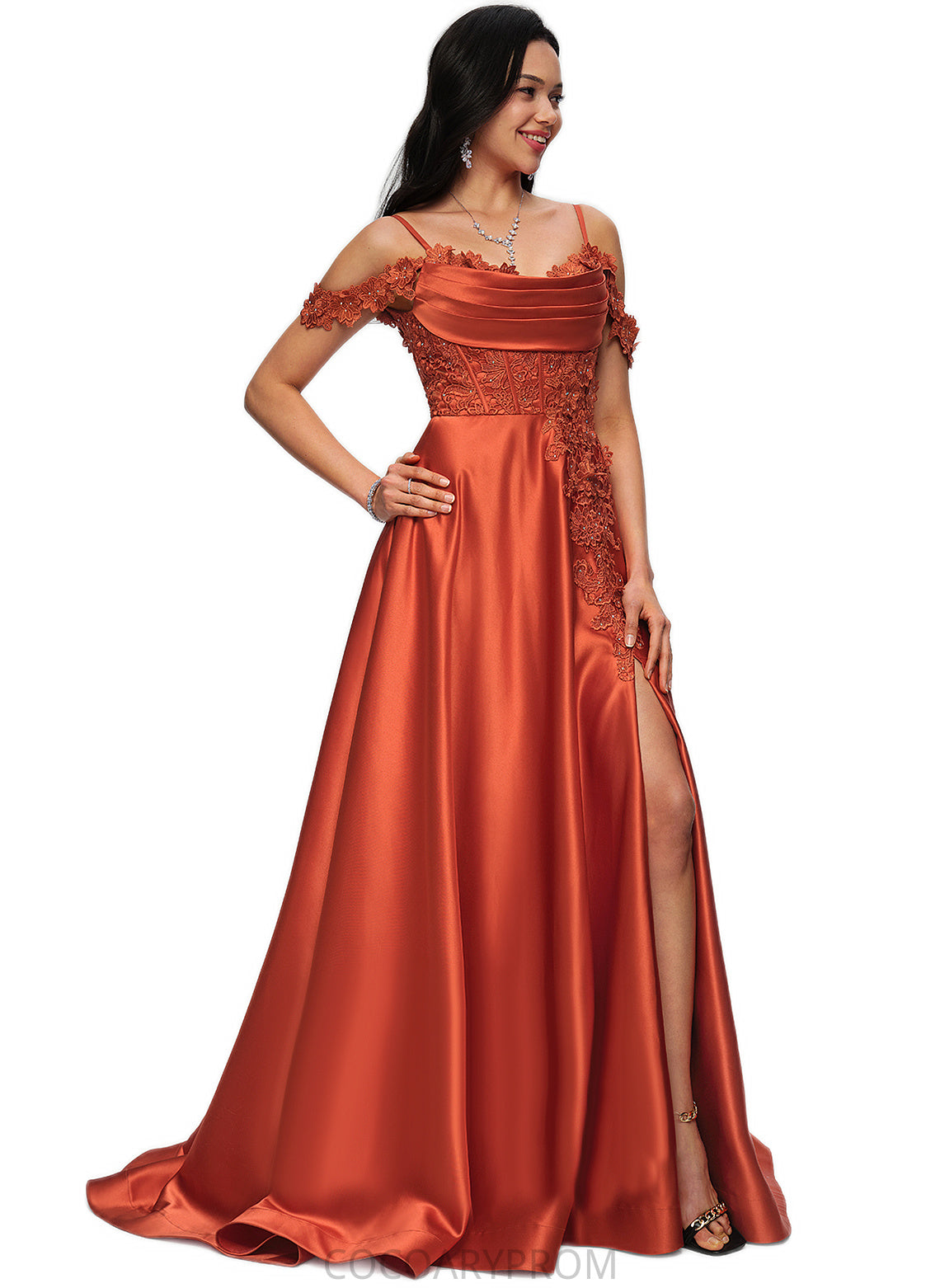 Taryn A-line Off the Shoulder Sweep Train Satin Prom Dresses With Rhinestone DA8P0022208