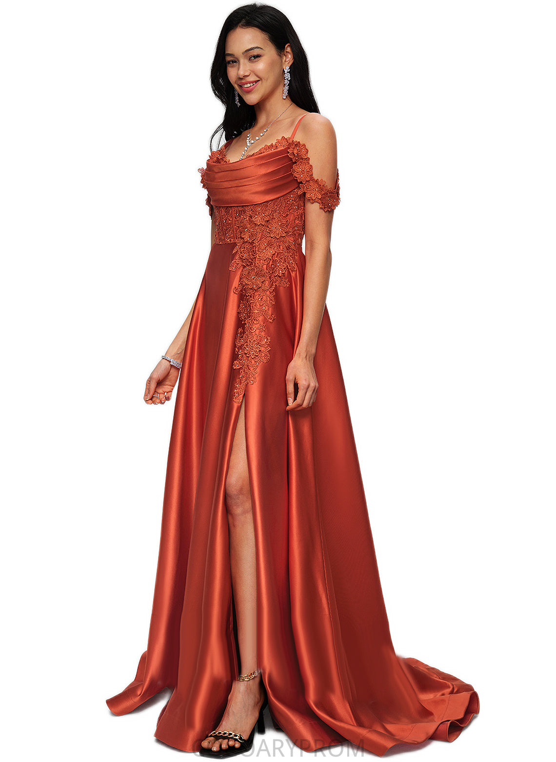 Taryn A-line Off the Shoulder Sweep Train Satin Prom Dresses With Rhinestone DA8P0022208