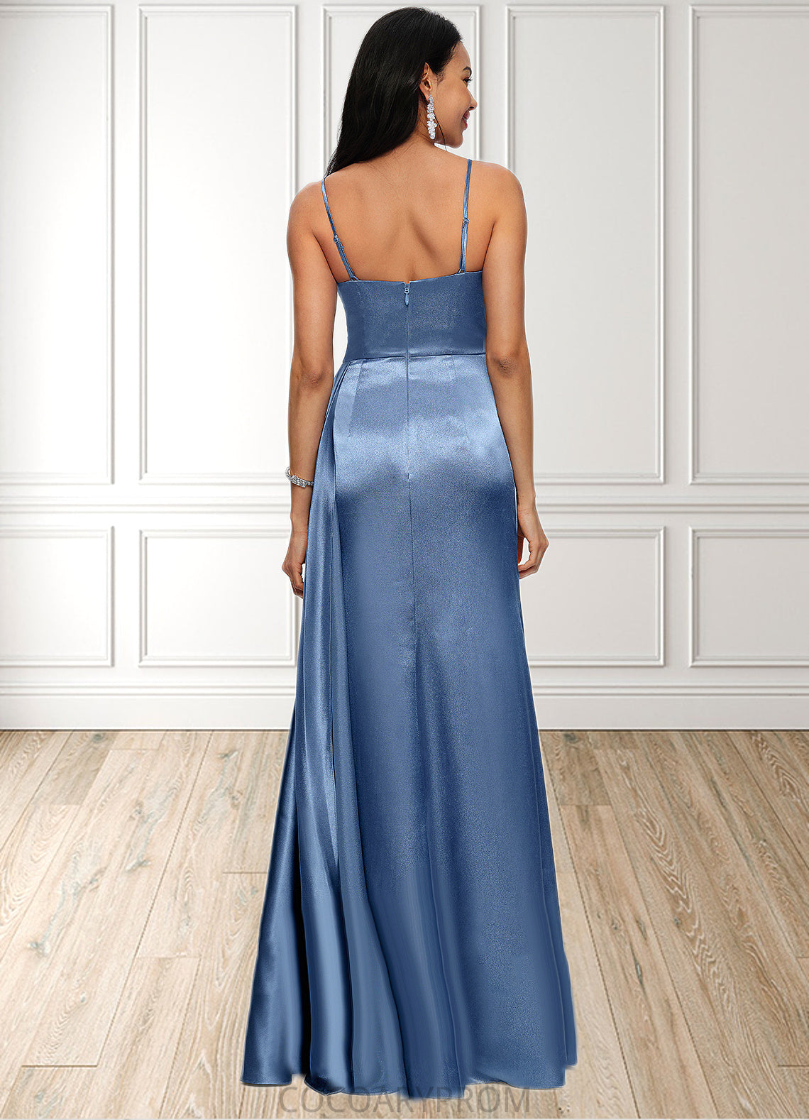 Elva Sheath/Column V-Neck Floor-Length Stretch Satin Prom Dresses With Pleated DA8P0022214