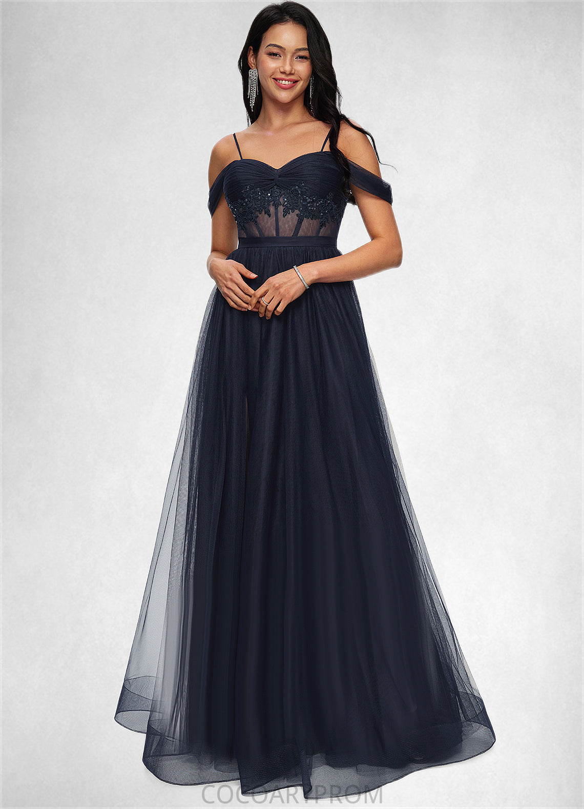 Diamond Ball-Gown/Princess Off the Shoulder Floor-Length Tulle Prom Dresses With Appliques Lace Sequins DA8P0022221