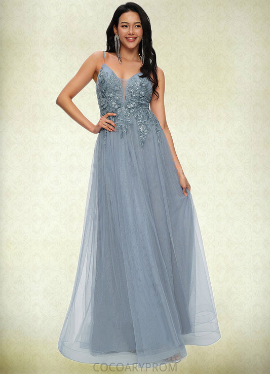 Kierra A-line V-Neck Floor-Length Tulle Prom Dresses With Appliques Lace Sequins DA8P0022223