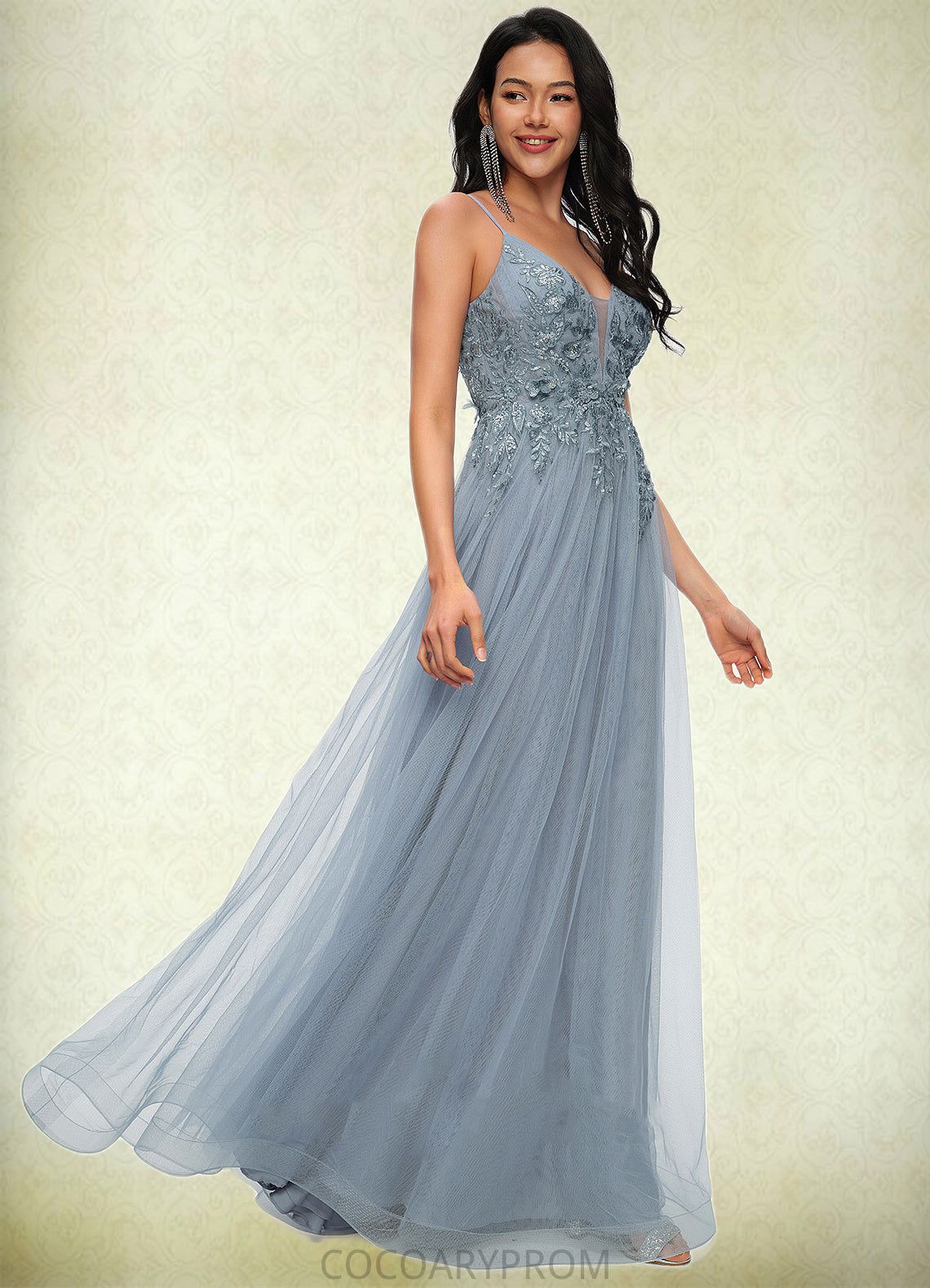 Kierra A-line V-Neck Floor-Length Tulle Prom Dresses With Appliques Lace Sequins DA8P0022223