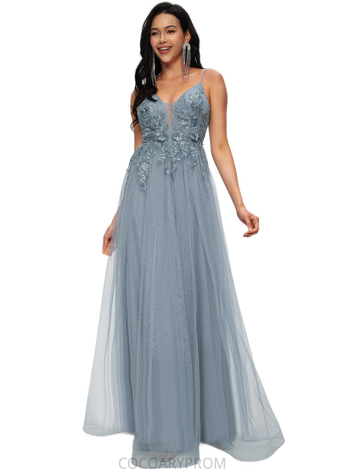 Hadassah A-line V-Neck Floor-Length Tulle Prom Dresses With Appliques Lace Sequins DA8P0022223