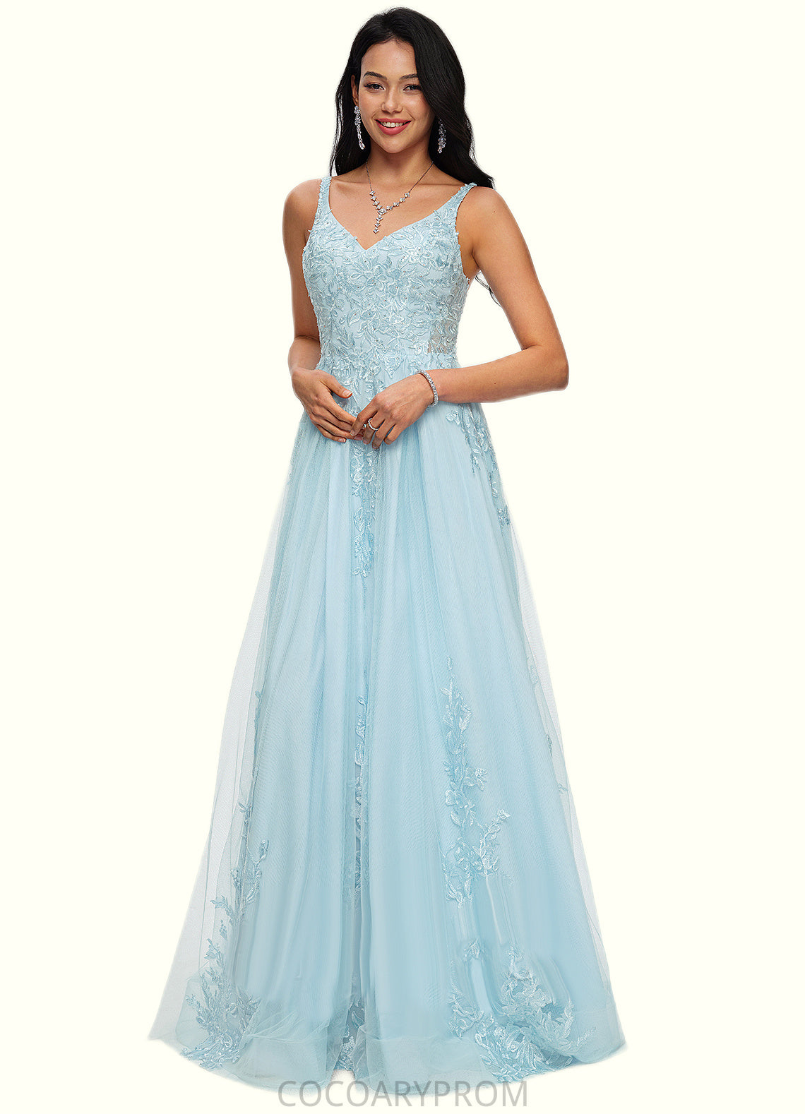 Alicia A-line V-Neck Floor-Length Tulle Prom Dresses With Rhinestone Appliques Lace Sequins DA8P0022225