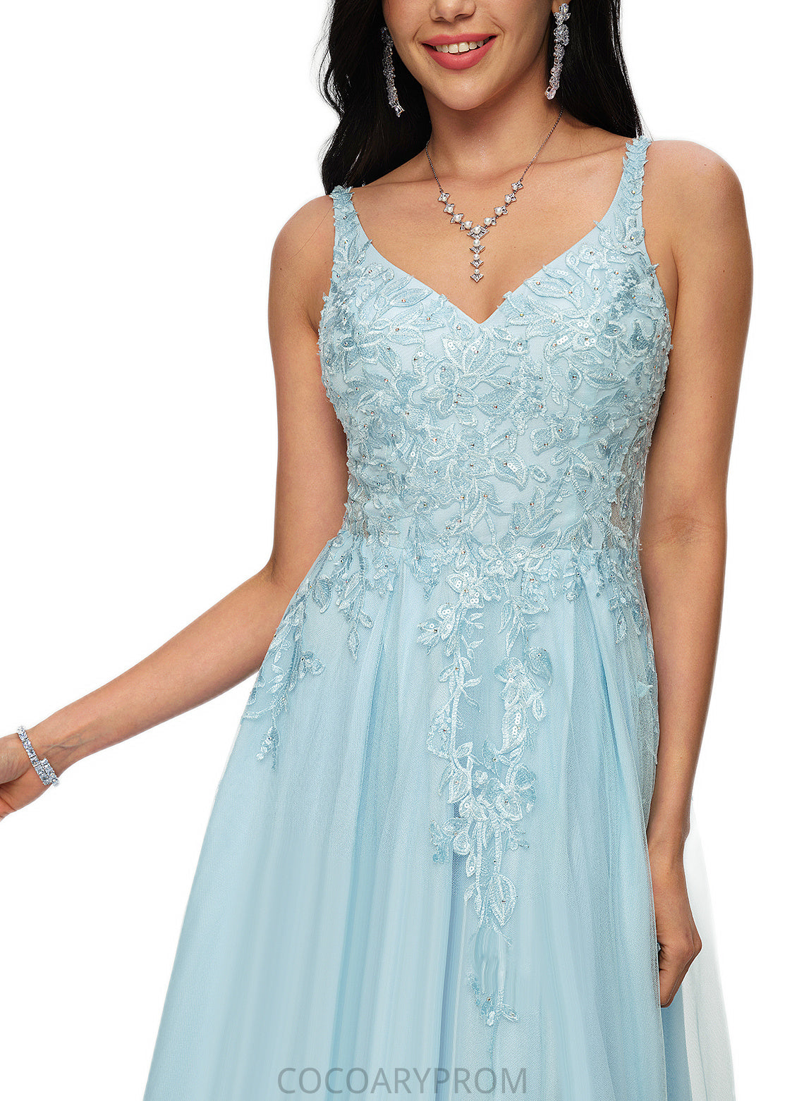 Patti A-line V-Neck Floor-Length Tulle Prom Dresses With Rhinestone Appliques Lace Sequins DA8P0022225