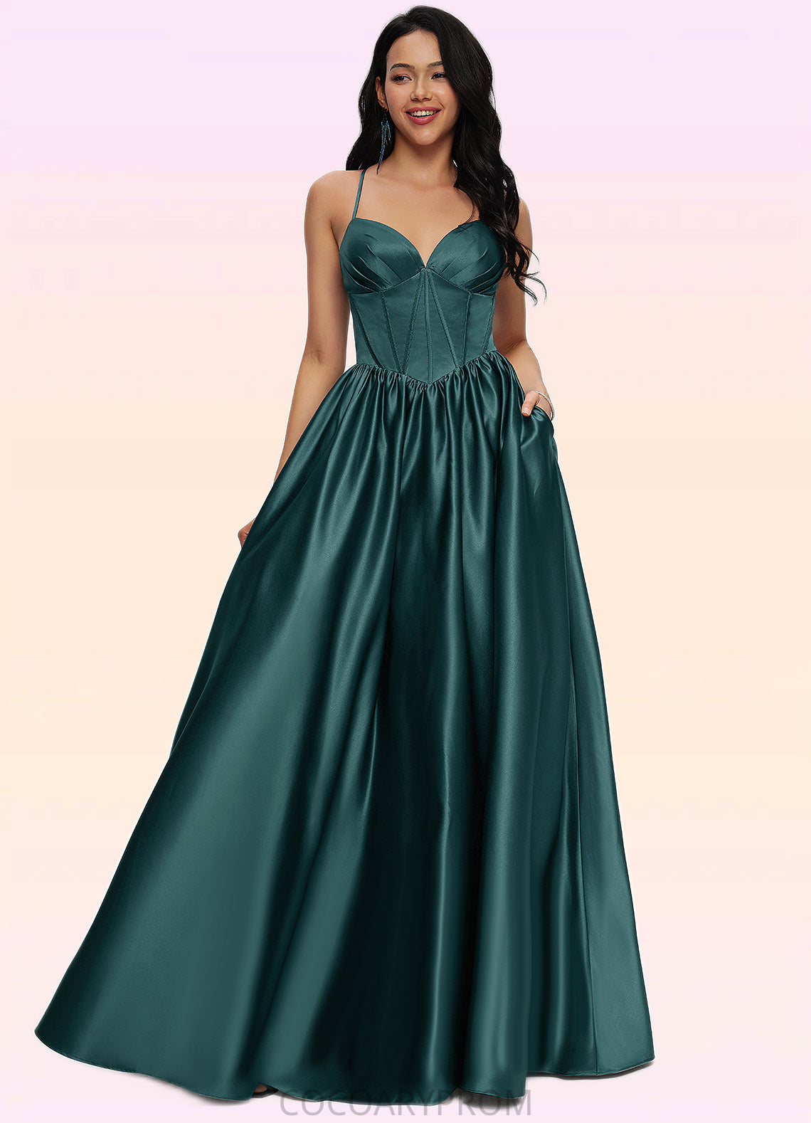 Helena Ball-Gown/Princess V-Neck Floor-Length Satin Prom Dresses With Pleated DA8P0022230