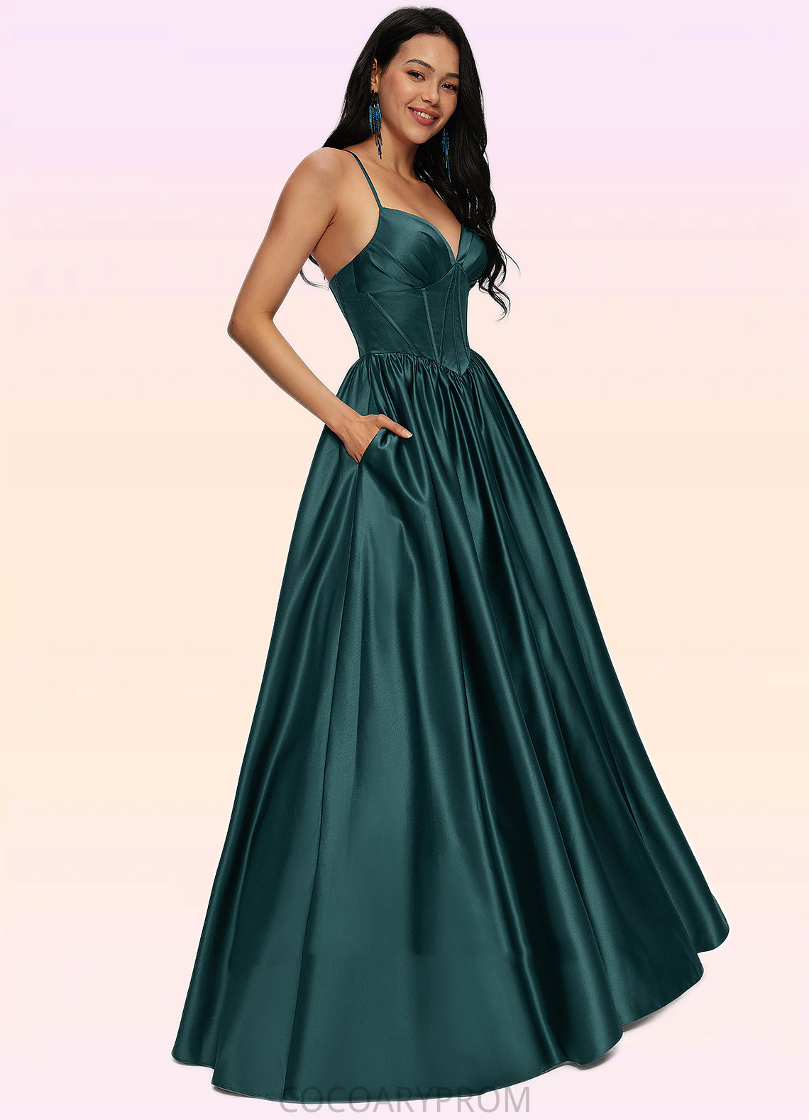 Helena Ball-Gown/Princess V-Neck Floor-Length Satin Prom Dresses With Pleated DA8P0022230