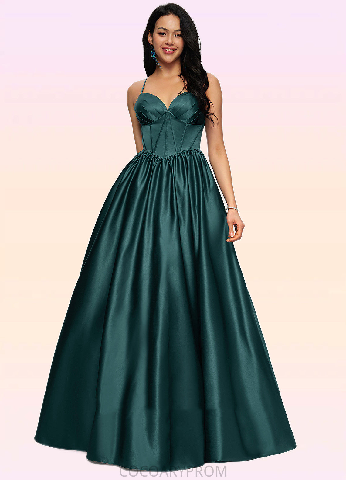 Helena Ball-Gown/Princess V-Neck Floor-Length Satin Prom Dresses With Pleated DA8P0022230