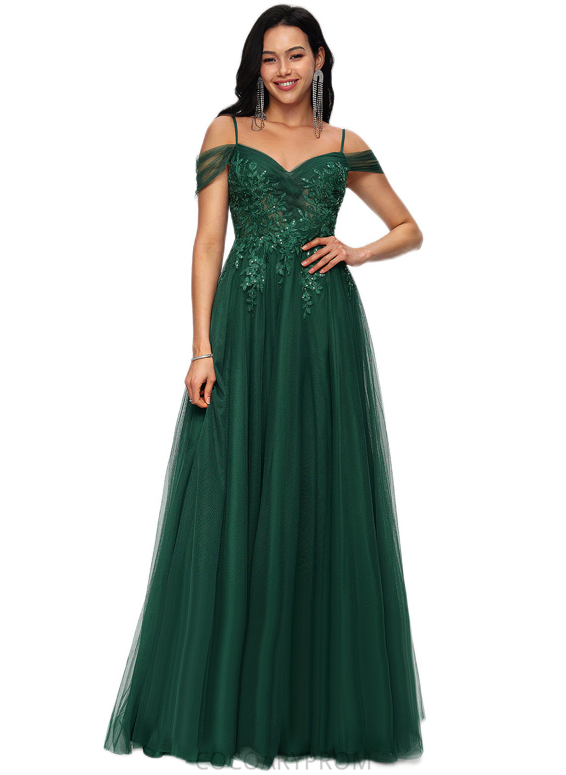 LuLu A-line Off the Shoulder Floor-Length Tulle Prom Dresses With Appliques Lace Sequins DA8P0022231