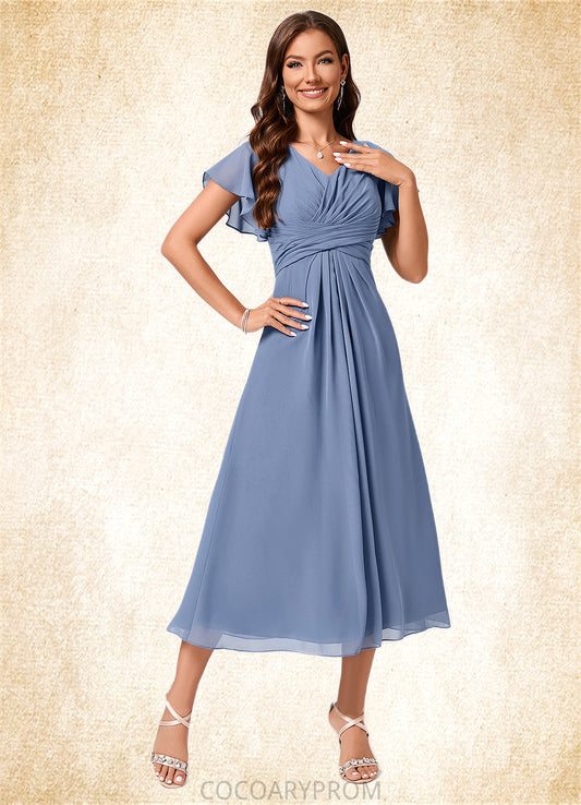 Keira A-line V-Neck Tea-Length Chiffon Cocktail Dress With Ruffle DA8P0022233