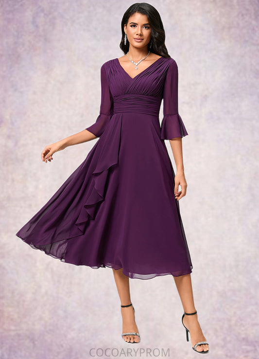 Regina A-line V-Neck Tea-Length Chiffon Cocktail Dress With Ruffle DA8P0022236